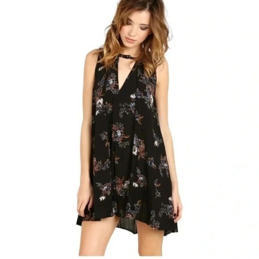 Free People Black Floral Choker Neck V Neck Swing Dress Women's Size M